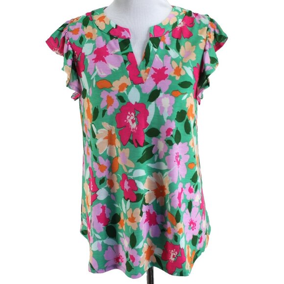 Dear Scarlett Lizzy Flutter Sleeve Top Womens Sz L Multi Color Floral Split Neck - Picture 1 of 7